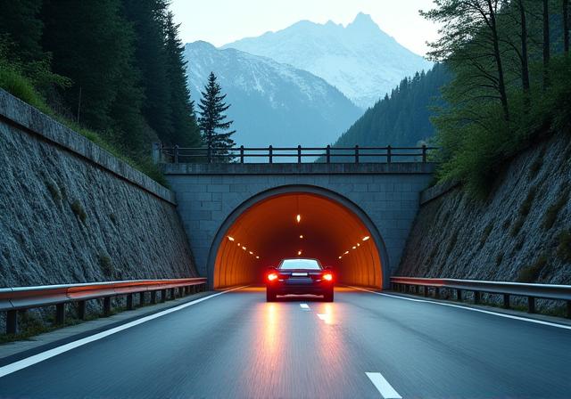 Ein Auto fährt in den Arlbergstraßentunnel in den österreichischen Alpen ein.