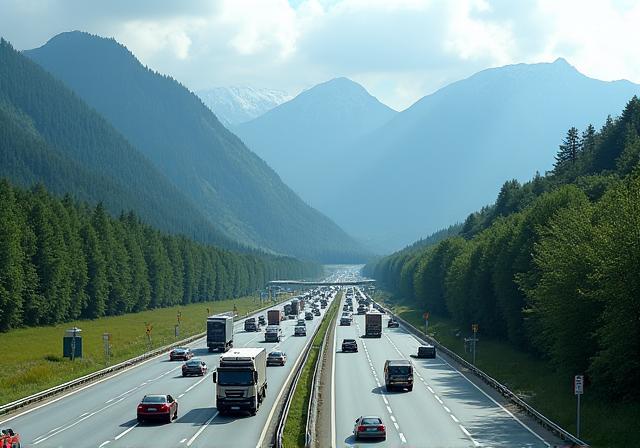 Verkehr auf der A9 Pyhrn Autobahn mit Bergkulisse.